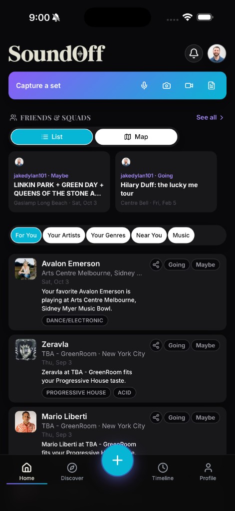 SoundOff Home screen with the Capture a set bar for audio, photo, video, and notes above the friends and events feed.