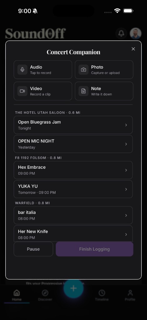 SoundOff's Concert Companion modal showing photo, audio, video, and note capture options in a grid.