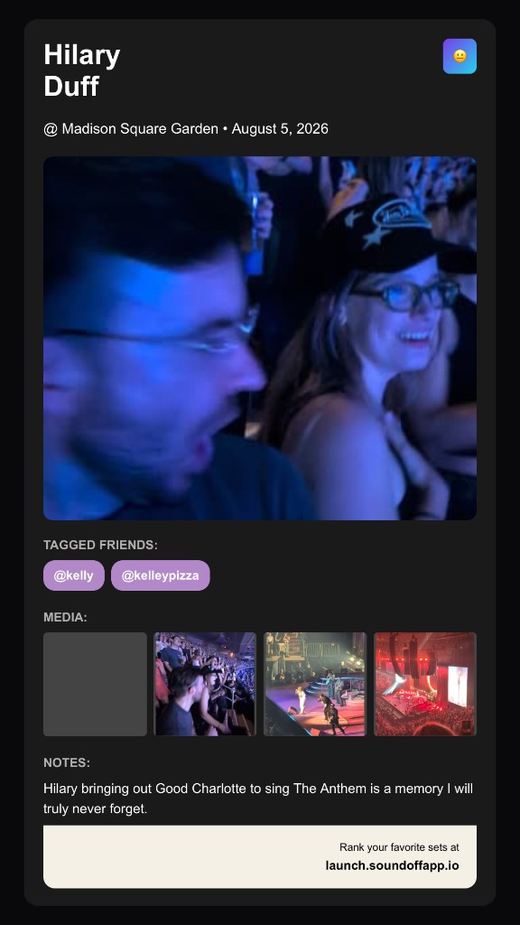 A vertical SoundOff share card showing an event's artist, venue, and photo, formatted for a social media story.