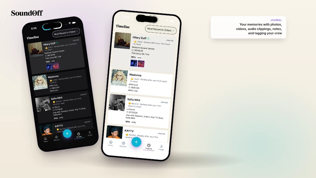 SoundOff Timeline journal with concert entries, photos, and ranked sets.