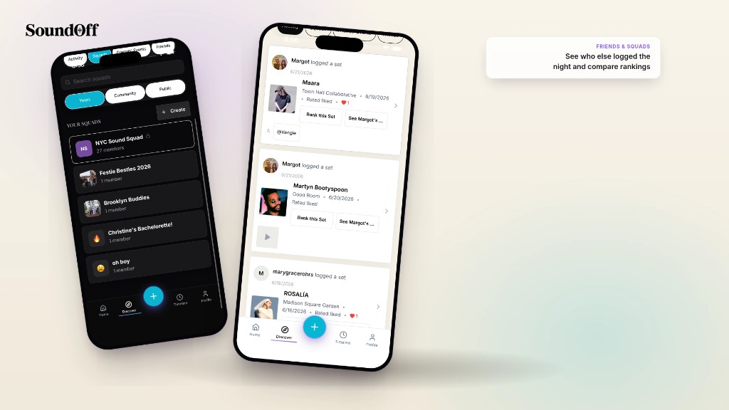 SoundOff Squads list and friends activity feed in dark and light mode.