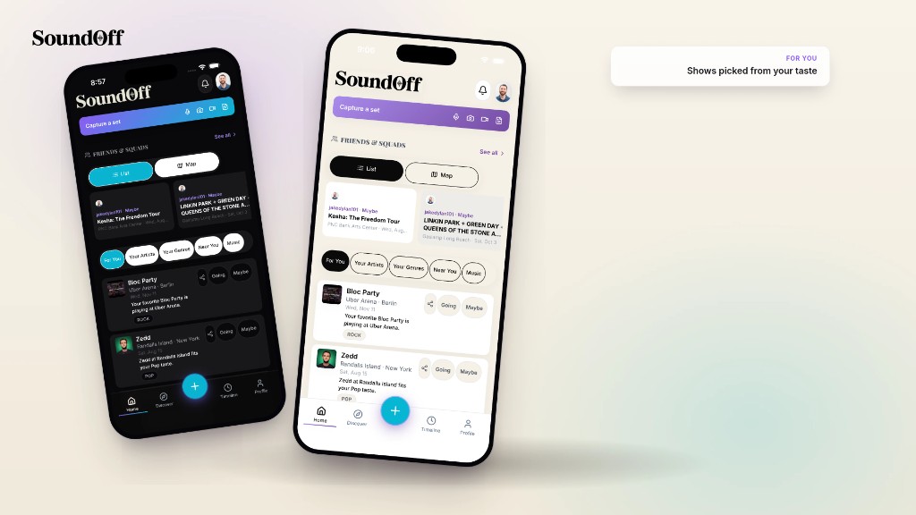 SoundOff Home in dark and light mode: For You event cards, Capture a set, and store filters.
